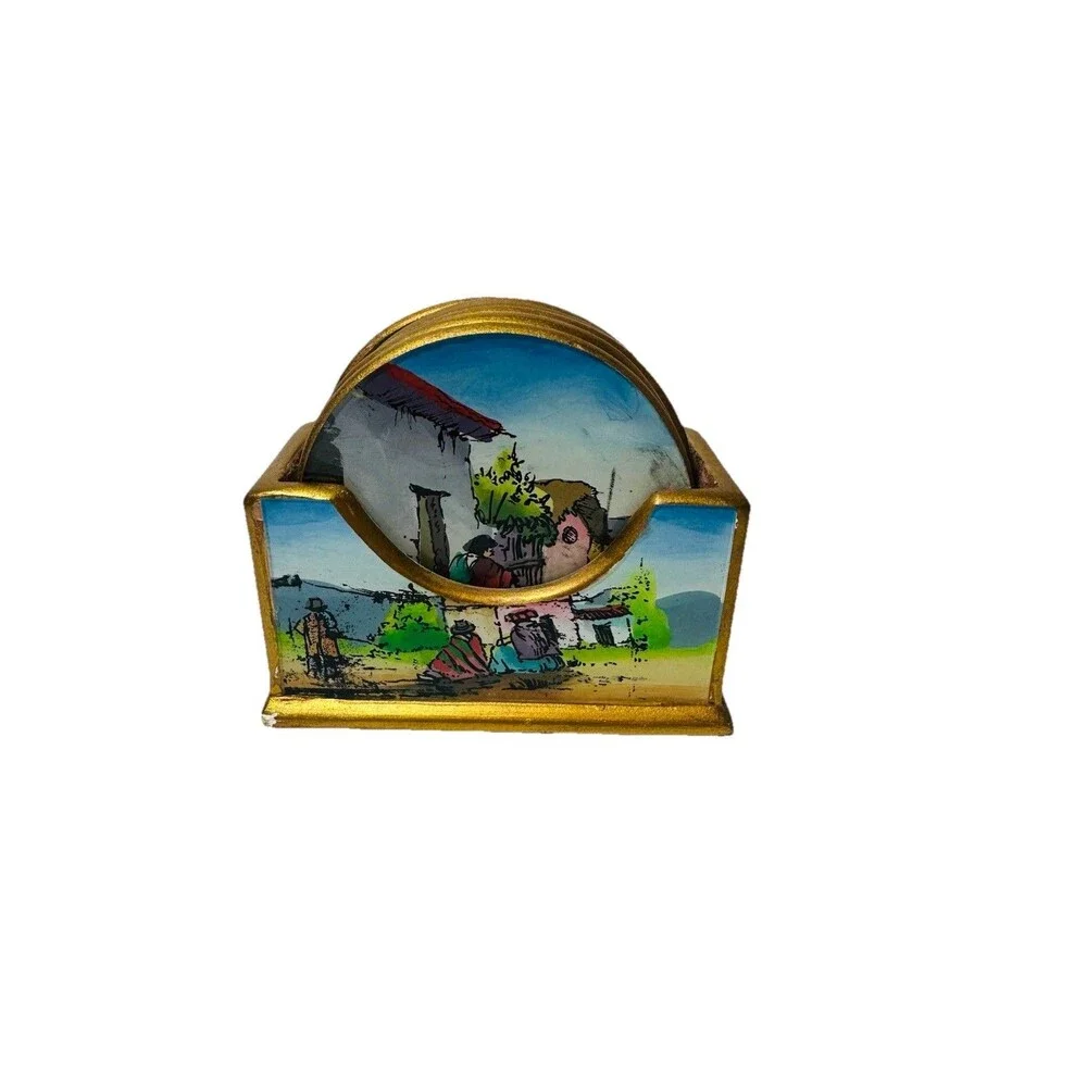 Peru Reverse Painted Glass & Wood Coasters Village Folk Art  Set of 6 w/ Holder